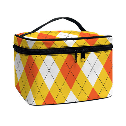 White And Orange Argyle Pattern Print Travel Makeup Bag