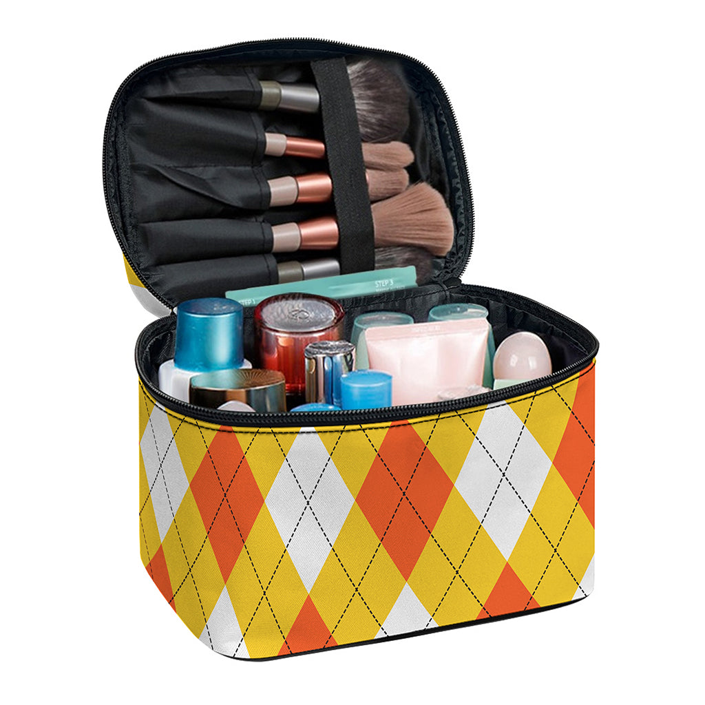 White And Orange Argyle Pattern Print Travel Makeup Bag