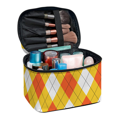 White And Orange Argyle Pattern Print Travel Makeup Bag