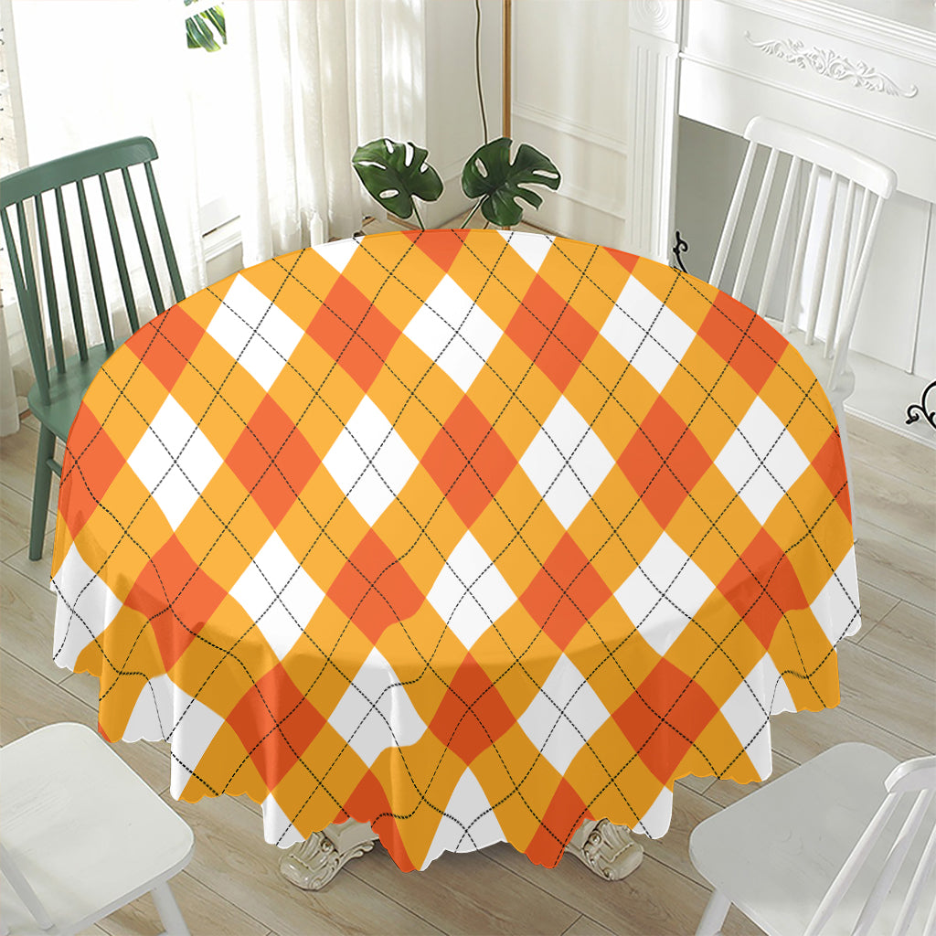 White And Orange Argyle Pattern Print Waterproof Round Tablecloth