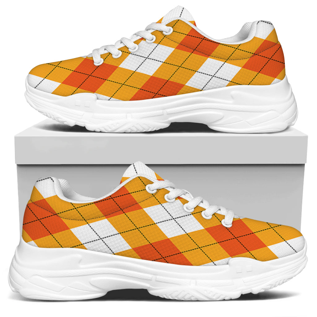 White And Orange Argyle Pattern Print White Chunky Shoes