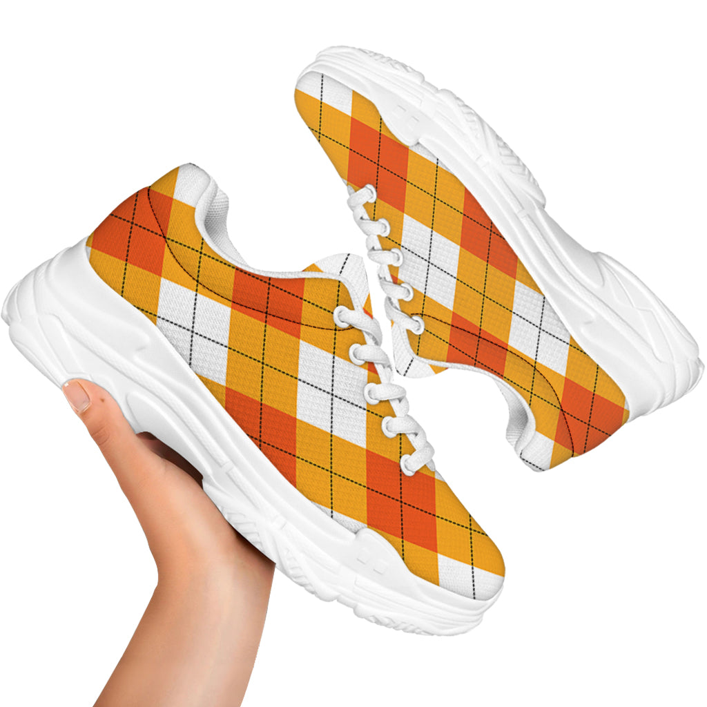 White And Orange Argyle Pattern Print White Chunky Shoes