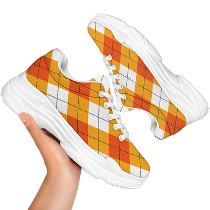 White And Orange Argyle Pattern Print White Chunky Shoes
