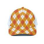 White And Orange Argyle Pattern Print White Mesh Trucker Cap