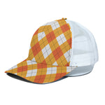 White And Orange Argyle Pattern Print White Mesh Trucker Cap