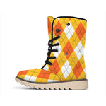 White And Orange Argyle Pattern Print Winter Boots