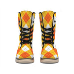 White And Orange Argyle Pattern Print Winter Boots