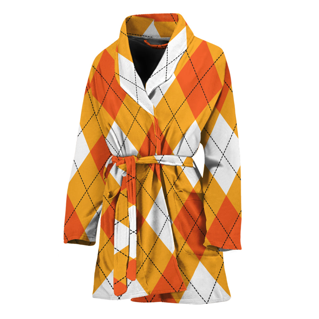 White And Orange Argyle Pattern Print Women's Bathrobe