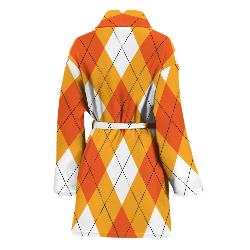 White And Orange Argyle Pattern Print Women's Bathrobe