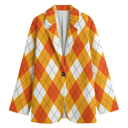 White And Orange Argyle Pattern Print Women's Blazer