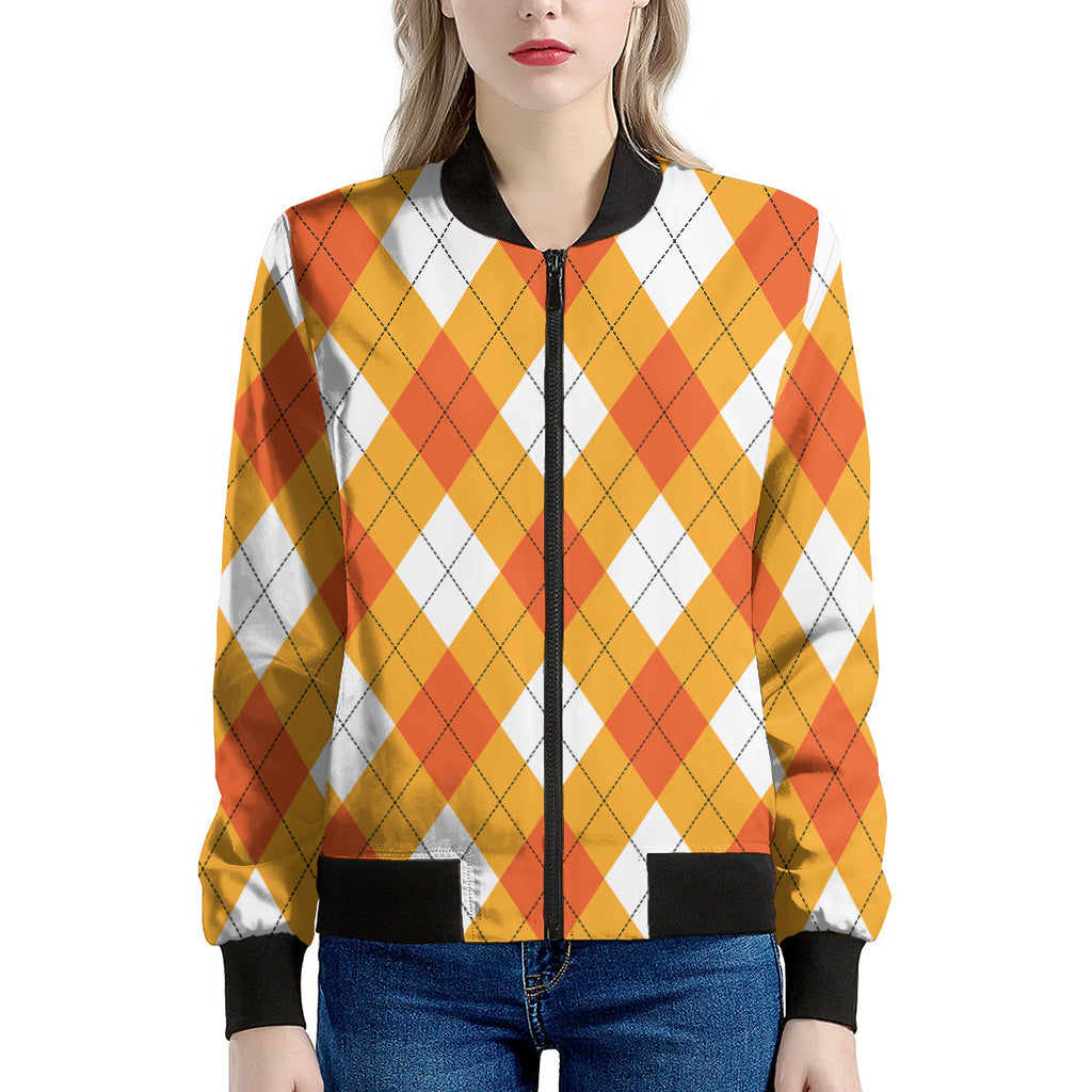 White And Orange Argyle Pattern Print Women's Bomber Jacket