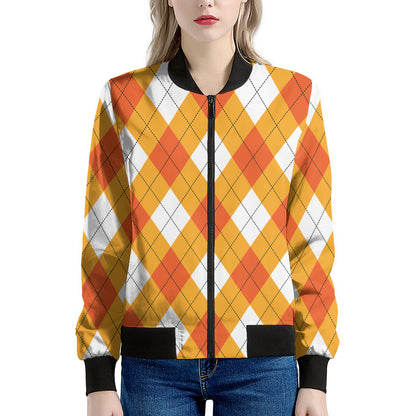 White And Orange Argyle Pattern Print Women's Bomber Jacket