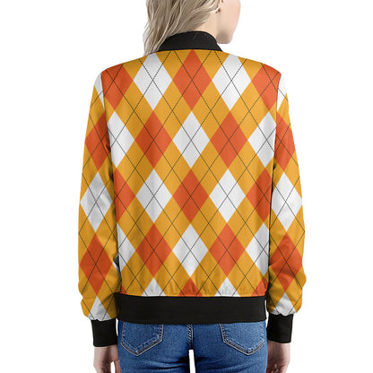 White And Orange Argyle Pattern Print Women's Bomber Jacket