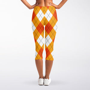 White And Orange Argyle Pattern Print Women's Capri Leggings