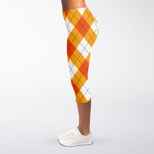 White And Orange Argyle Pattern Print Women's Capri Leggings