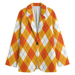 White And Orange Argyle Pattern Print Women's Cotton Blazer