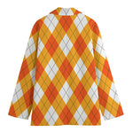 White And Orange Argyle Pattern Print Women's Cotton Blazer