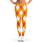 White And Orange Argyle Pattern Print Women's Leggings