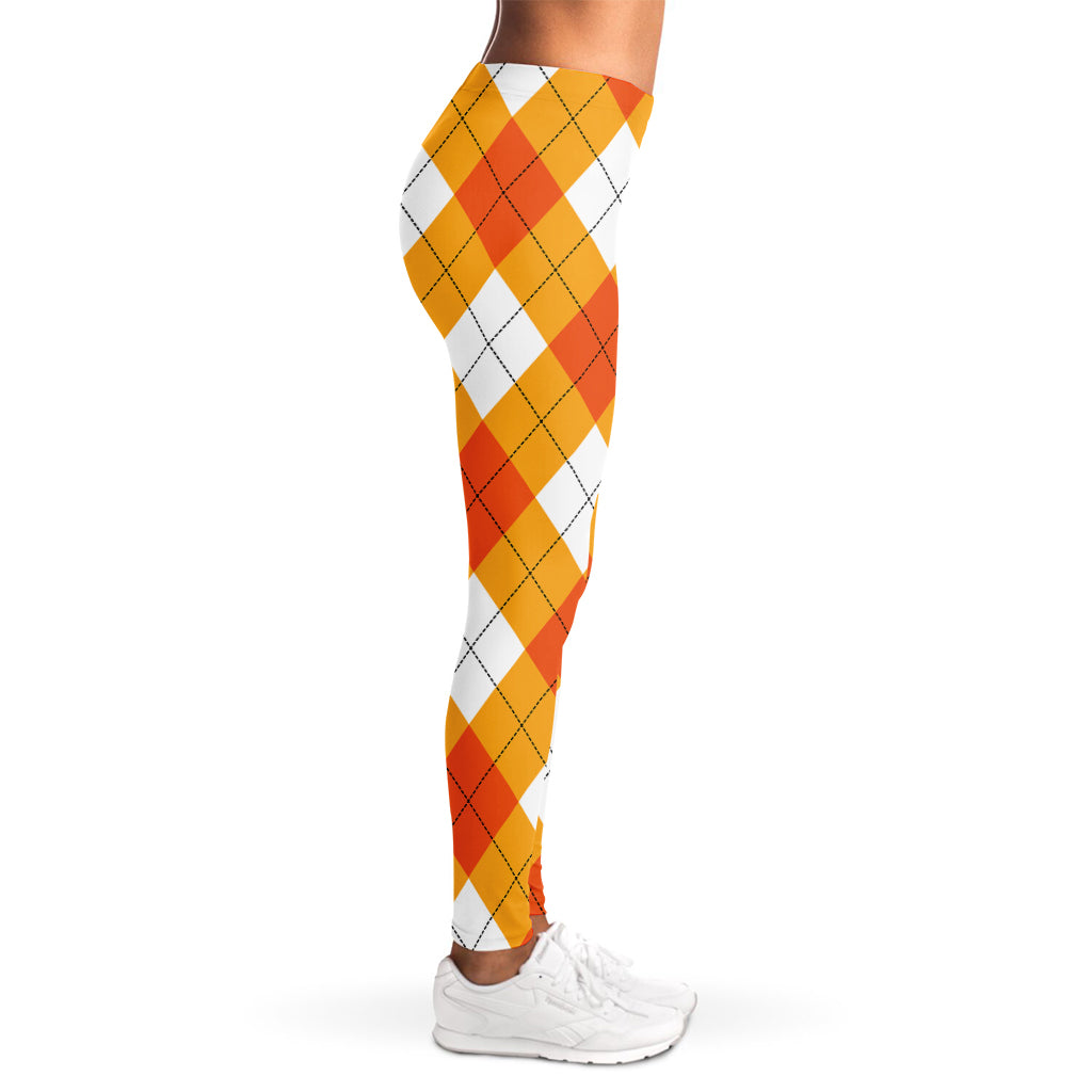 White And Orange Argyle Pattern Print Women's Leggings