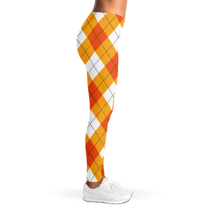 White And Orange Argyle Pattern Print Women's Leggings