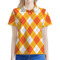 White And Orange Argyle Pattern Print Women's Polo Shirt