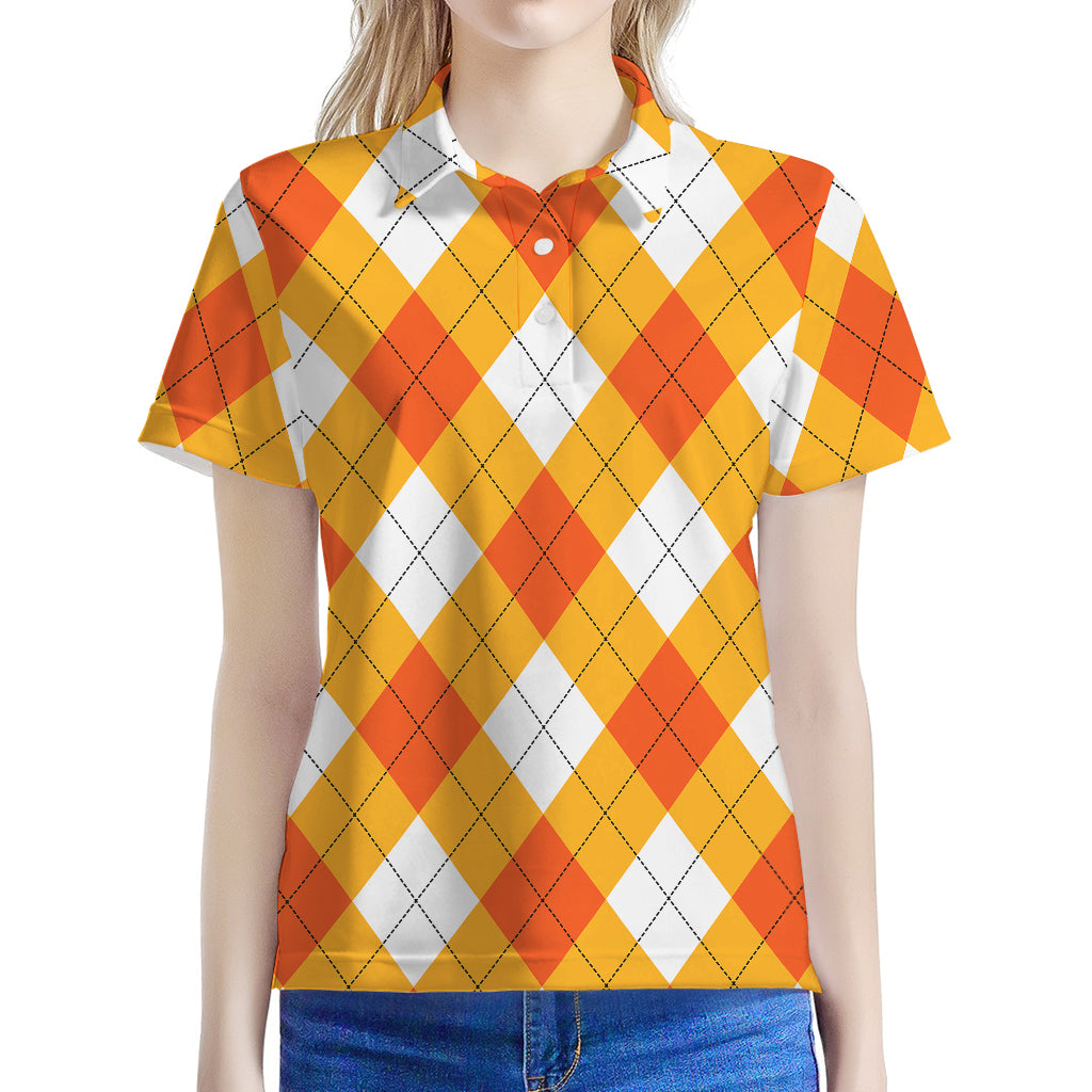 White And Orange Argyle Pattern Print Women's Polo Shirt
