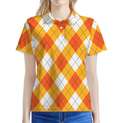 White And Orange Argyle Pattern Print Women's Polo Shirt