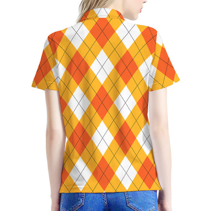 White And Orange Argyle Pattern Print Women's Polo Shirt