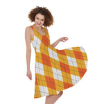 White And Orange Argyle Pattern Print Women's Sleeveless Dress