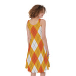 White And Orange Argyle Pattern Print Women's Sleeveless Dress