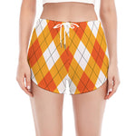 White And Orange Argyle Pattern Print Women's Split Running Shorts