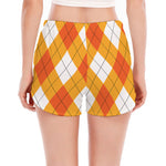 White And Orange Argyle Pattern Print Women's Split Running Shorts