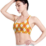 White And Orange Argyle Pattern Print Women's Sports Bra