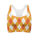 White And Orange Argyle Pattern Print Women's Sports Bra