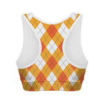 White And Orange Argyle Pattern Print Women's Sports Bra