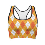 White And Orange Argyle Pattern Print Women's Sports Bra