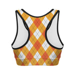 White And Orange Argyle Pattern Print Women's Sports Bra