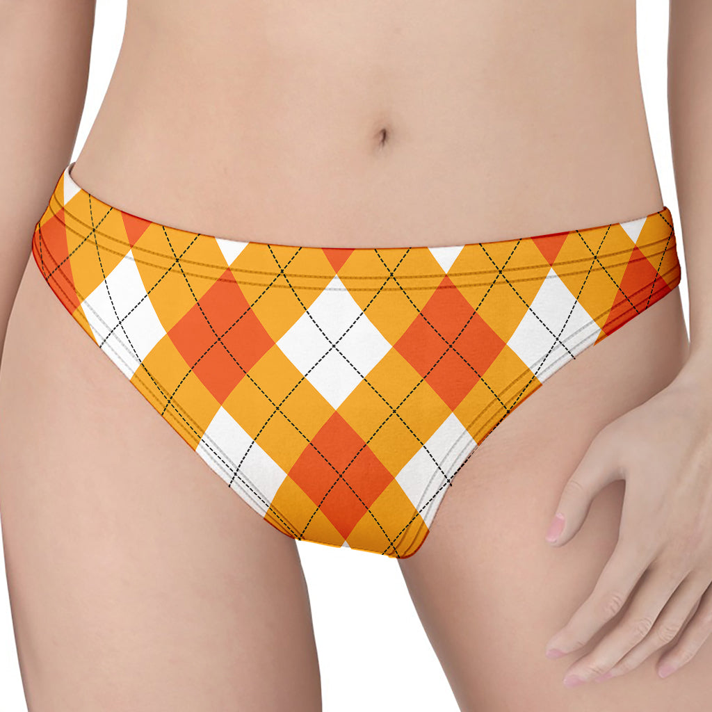 White And Orange Argyle Pattern Print Women's Thong