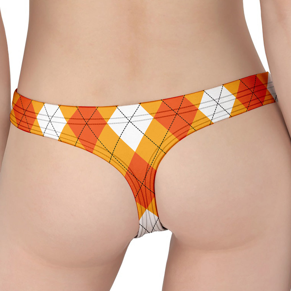 White And Orange Argyle Pattern Print Women's Thong