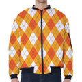 White And Orange Argyle Pattern Print Zip Sleeve Bomber Jacket
