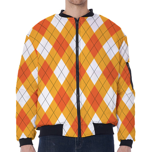 White And Orange Argyle Pattern Print Zip Sleeve Bomber Jacket