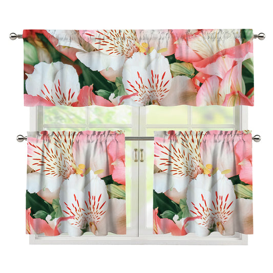 White And Pink Alstroemeria Print 3 Piece Kitchen Curtains