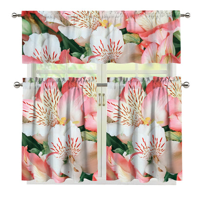 White And Pink Alstroemeria Print 3 Piece Kitchen Curtains