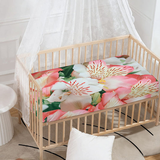 White And Pink Alstroemeria Print Baby Crib Sheet