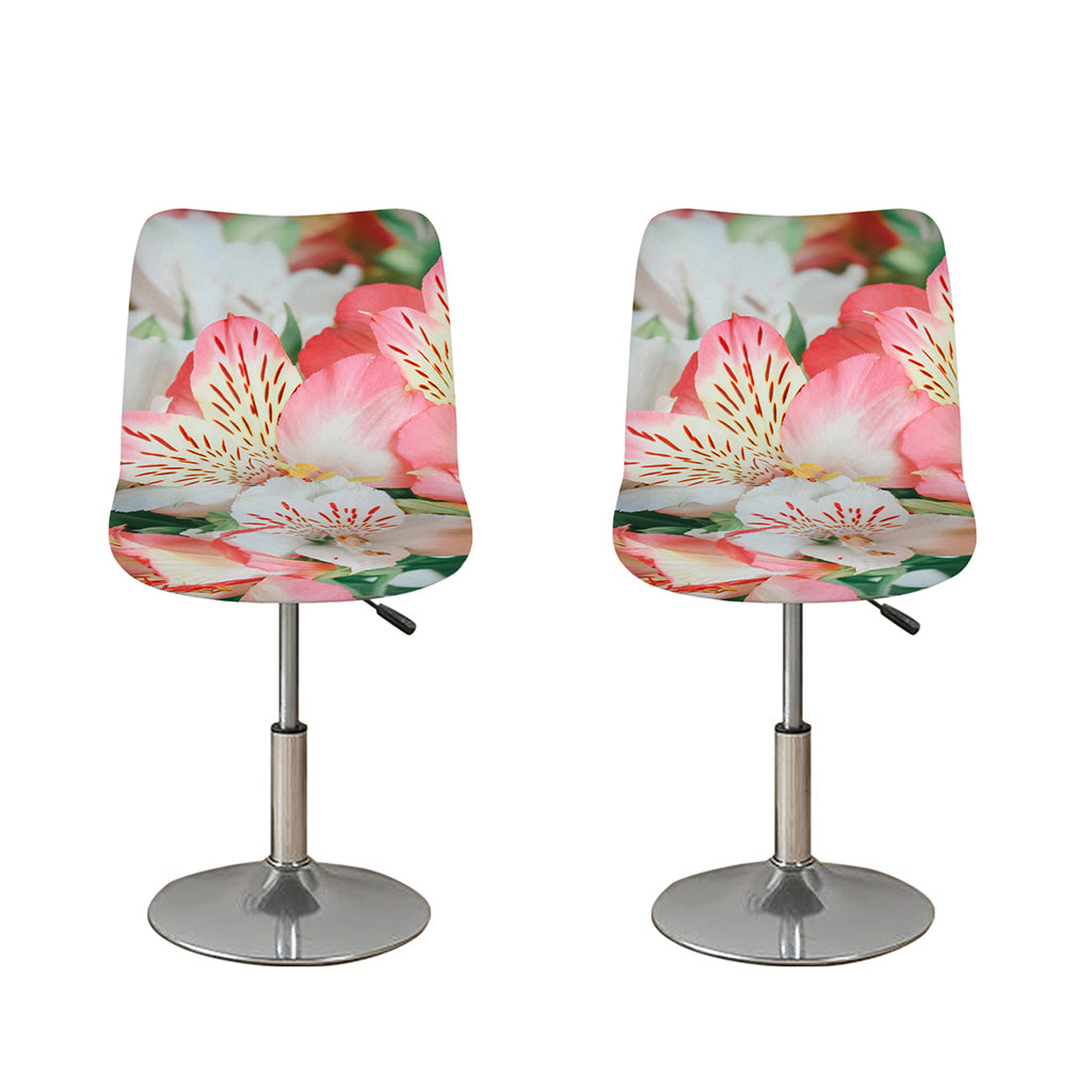 White And Pink Alstroemeria Print Bar Stool Covers