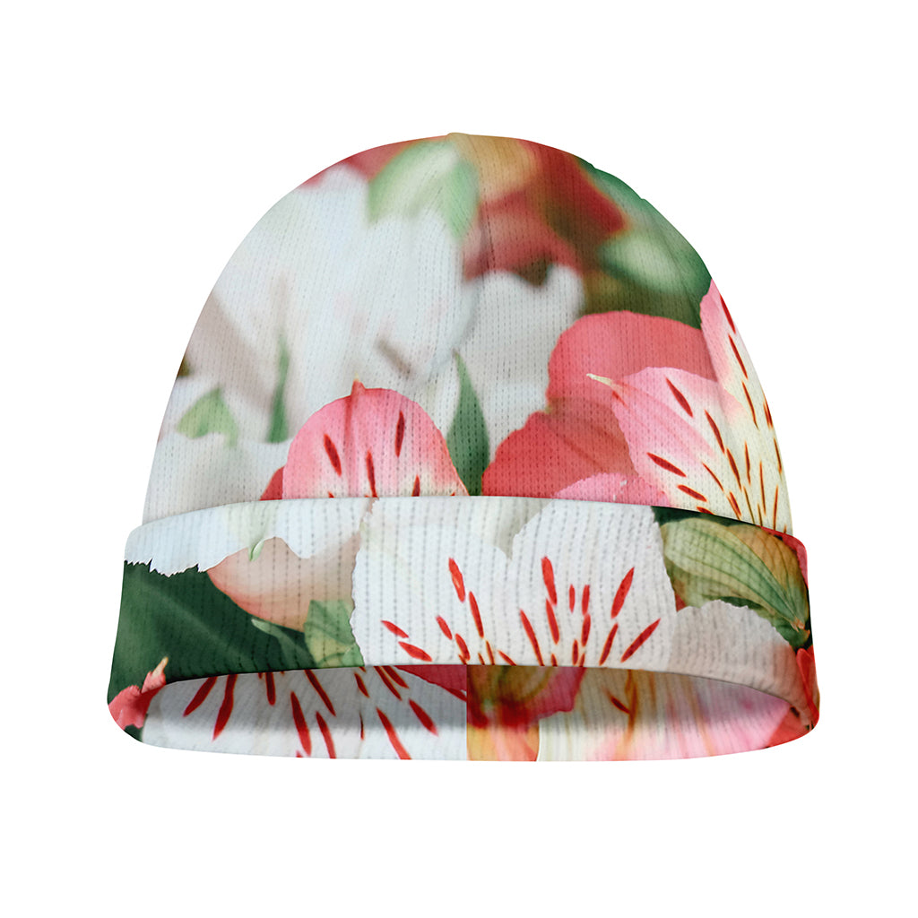 White And Pink Alstroemeria Print Beanie