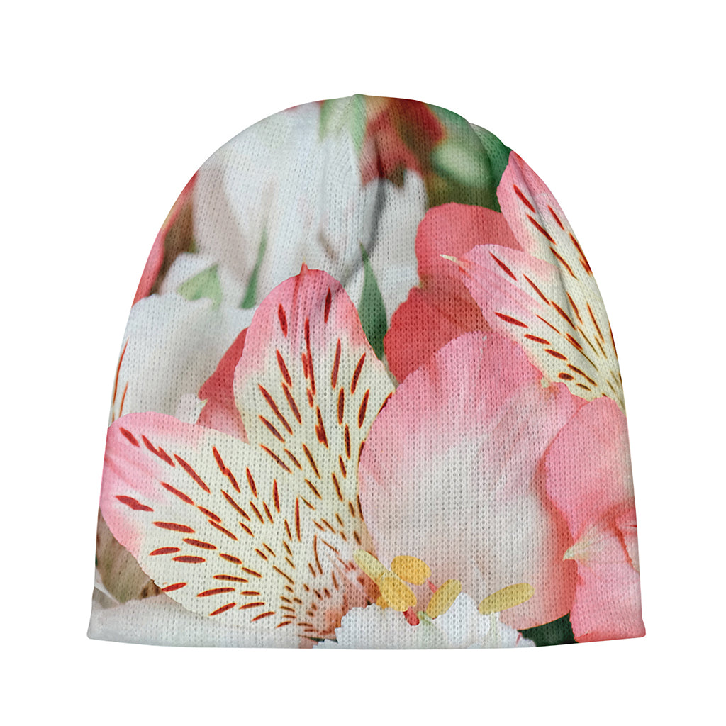 White And Pink Alstroemeria Print Beanie