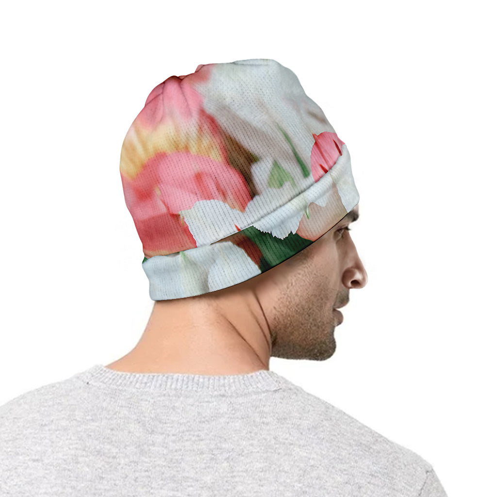 White And Pink Alstroemeria Print Beanie