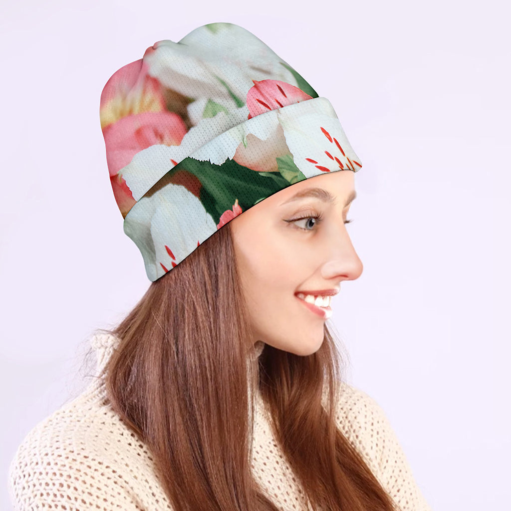 White And Pink Alstroemeria Print Beanie