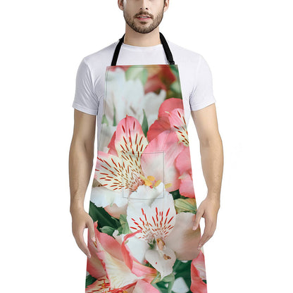 White And Pink Alstroemeria Print Bib Apron With Pocket